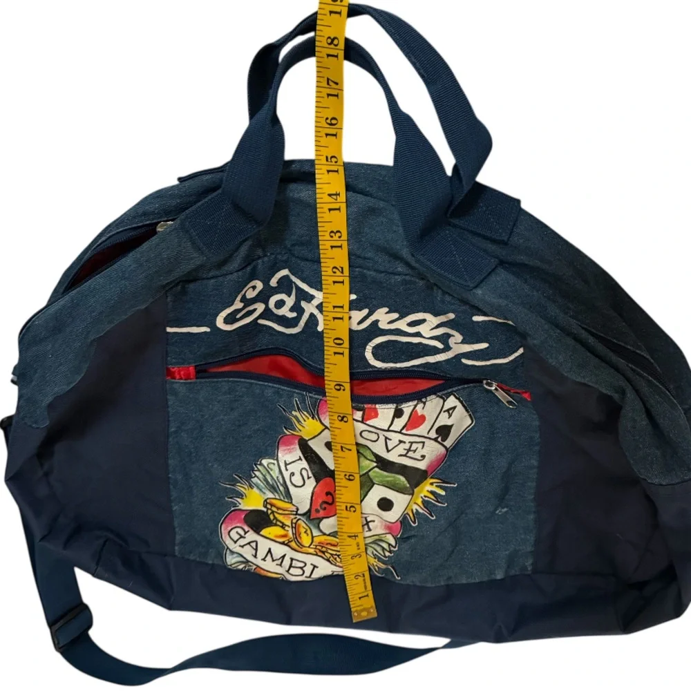 Ed Hardy denim duffle bag with crossbody strap outside pocket